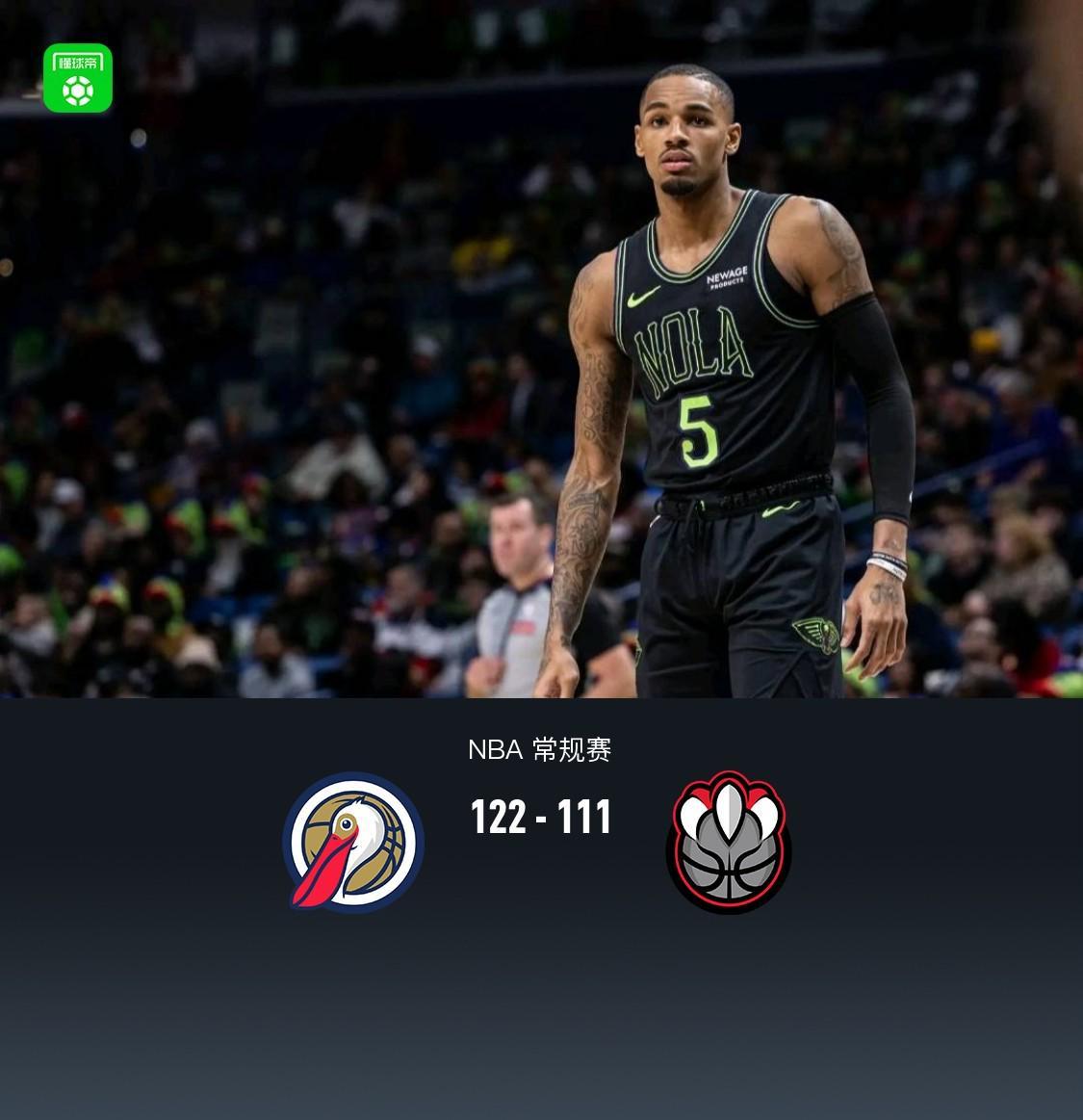 鹈鹕122-111猛龙，墨菲28+7，穆雷27分，英格拉姆22分